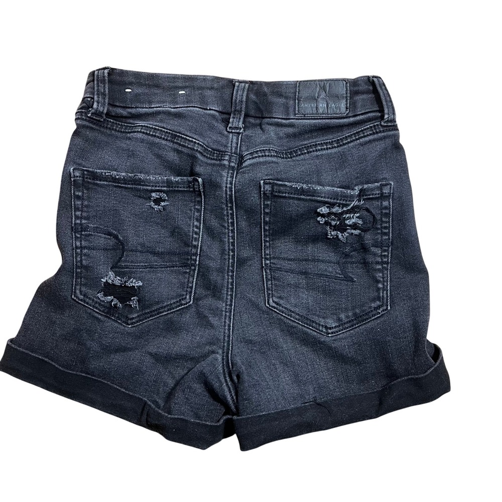American Eagle Curvy Super Hi-Rise Shortie Black Distressed Denim Shorts Size 2 - Picture 3 of 6
